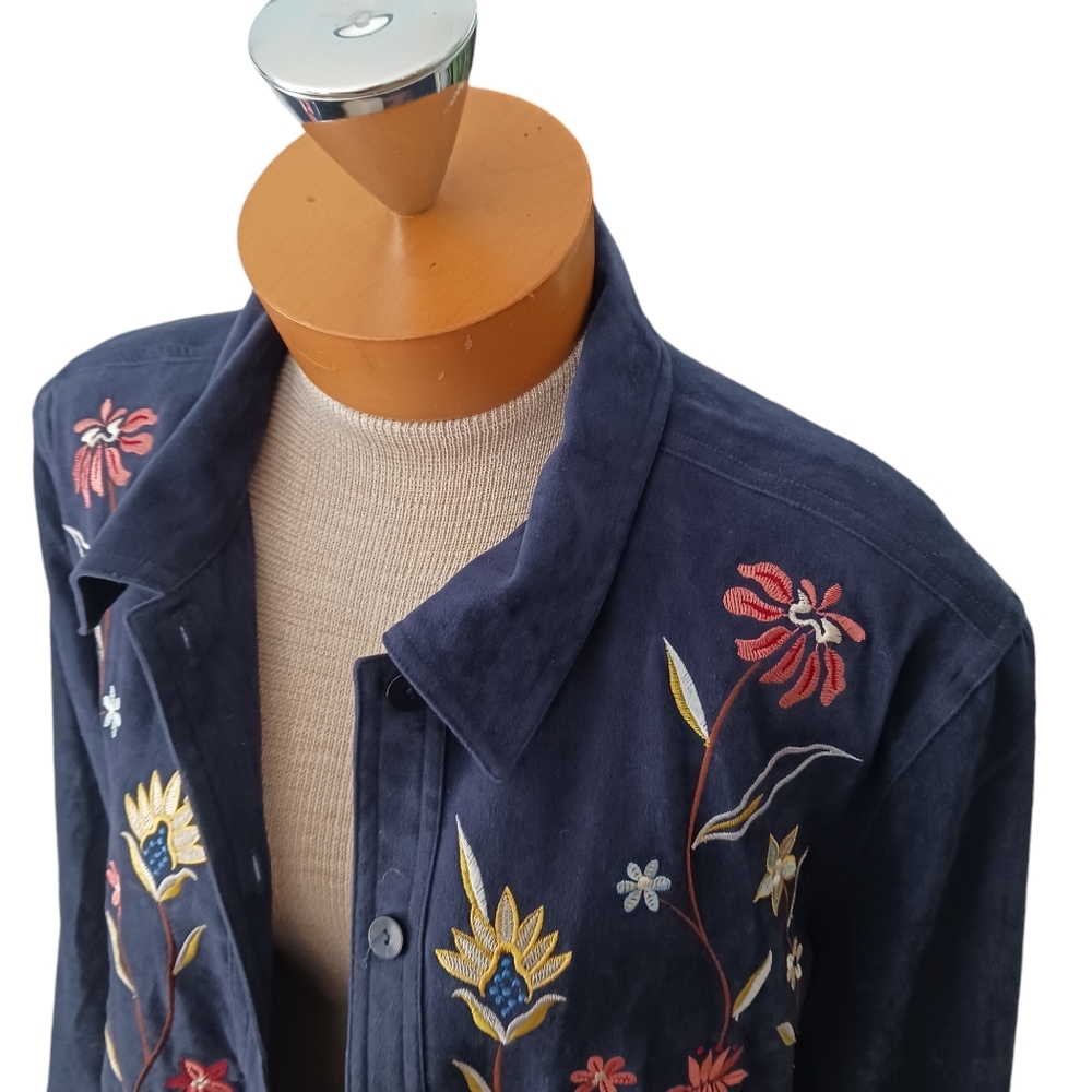 Womens Floral Shacket Vintage Susan Graver Style Fall Suede Blue Shirt Large - Picture 2 of 8